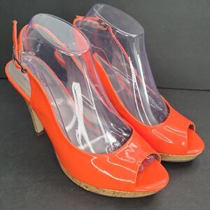 Cato Womens Orange Patent Stiletto Heels Size 9 M Faux Cork Peep Toe Slingback